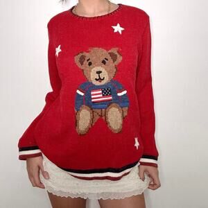 Y2k americana sag harbor red teddy bear sweater